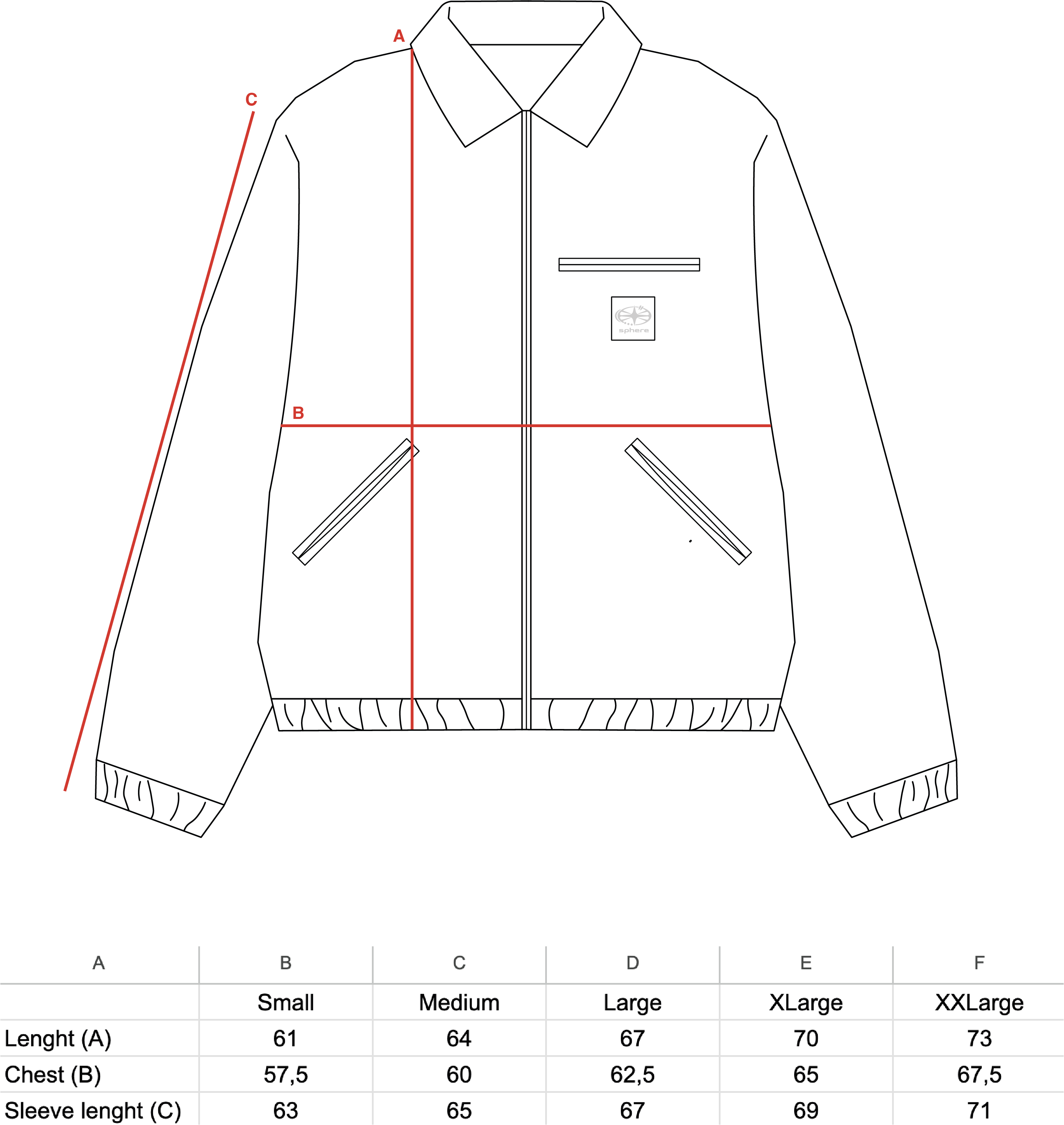 Guide des tailles veste forest camo work jacket Triple Sphere tableau mesures